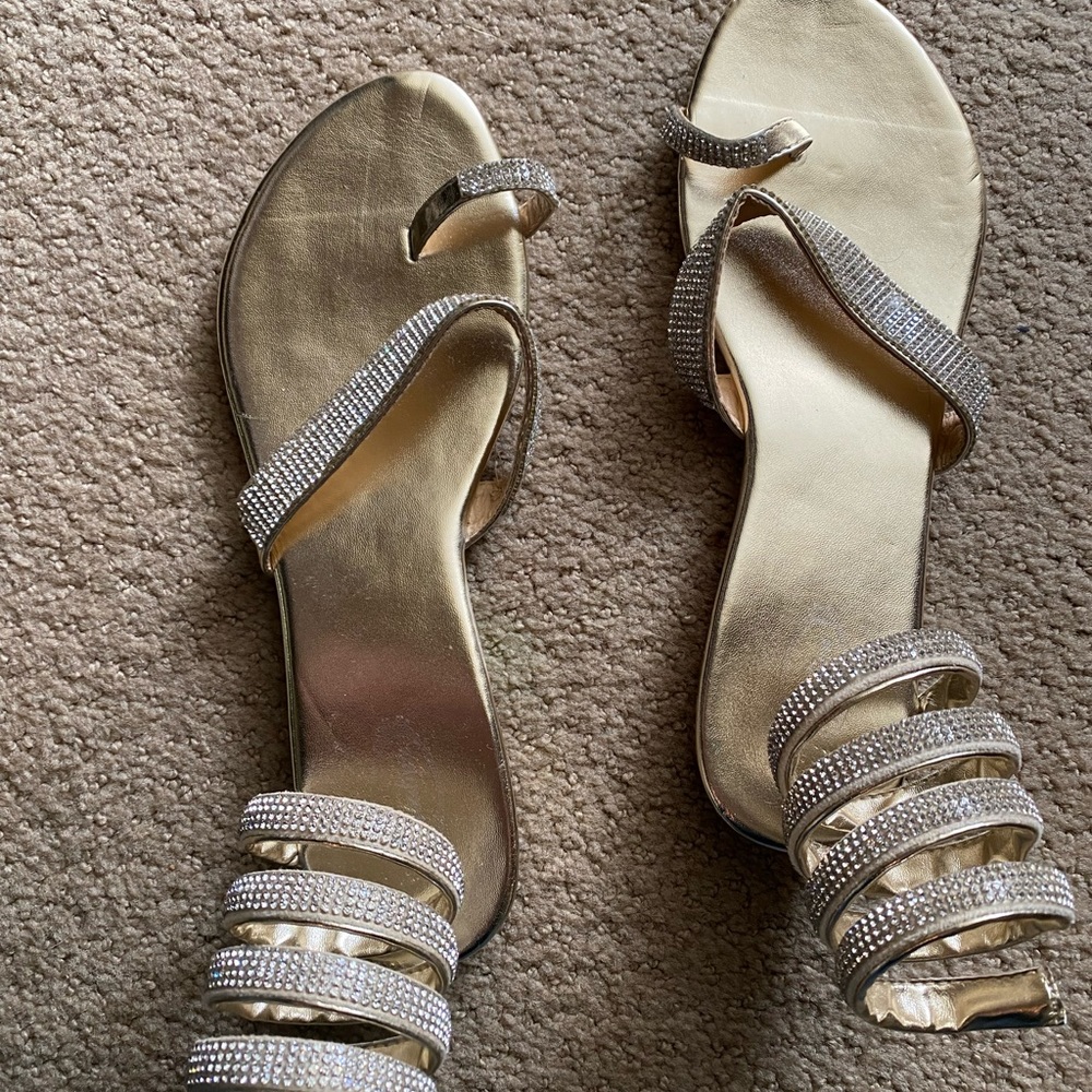 Gold and crystal aviator sandals, brand new, bought in Vegas! Size 9.